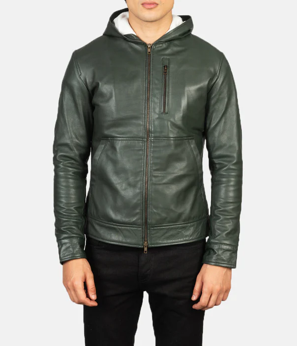 Pg Signature Green Hooded Leather Bomber Jacket-GLJK128