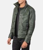 Pg Signature Green Leather Bomber Jacket-GLJK131