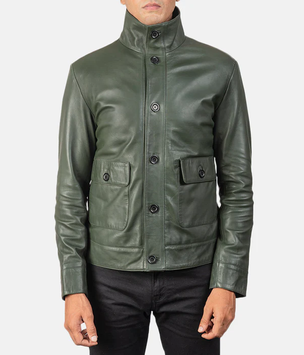 Pg Signature Green Leather Bomber Jacket-GLJK131
