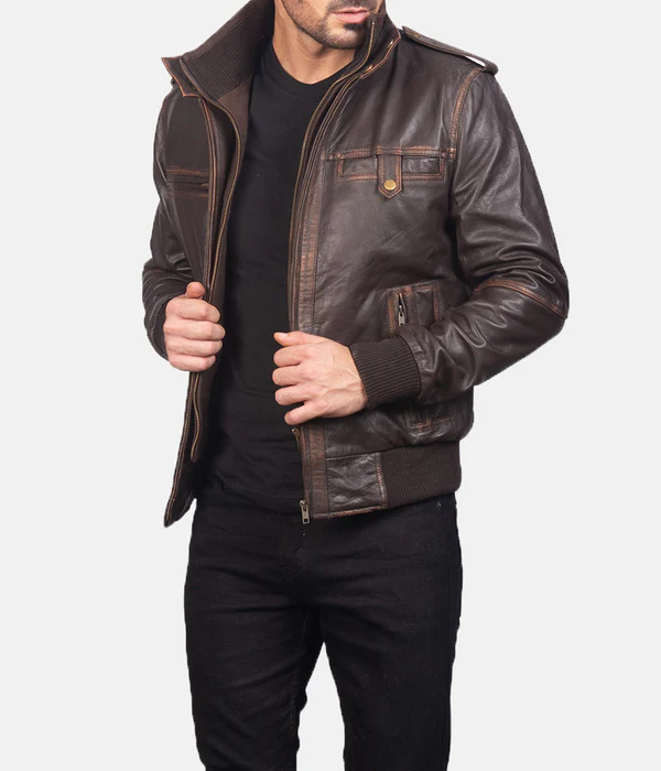Signature Brown Leather Bomber Jacket-GLJK126