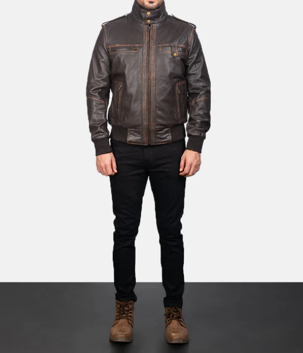 Signature Brown Leather Bomber Jacket-GLJK126