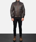Signature Brown Leather Bomber Jacket-GLJK126
