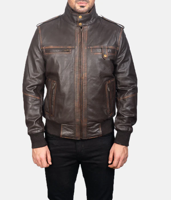 Signature Brown Leather Bomber Jacket-GLJK126