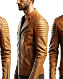 Tan Leather Biker Jacket - Minimalist Design with Streamlined Features-GLJK10