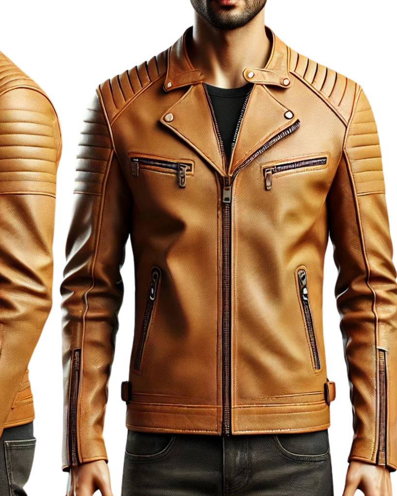 Tan Leather Biker Jacket - Minimalist Design with Streamlined Features-GLJK10