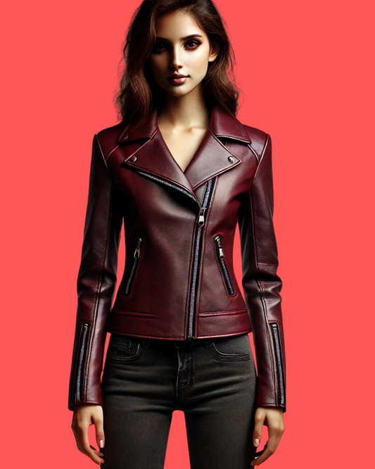 Maroon Luxe: Women Soft Sheep Leather Cropped Jacket – Asymmetrical Zipper, Modern Fit-GLJK3