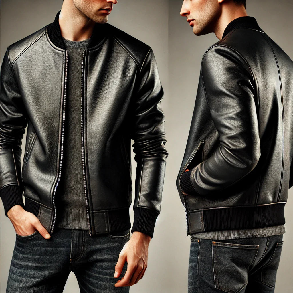 Premium Black Leather Bomber Jacket - Classic Design-GLJK6