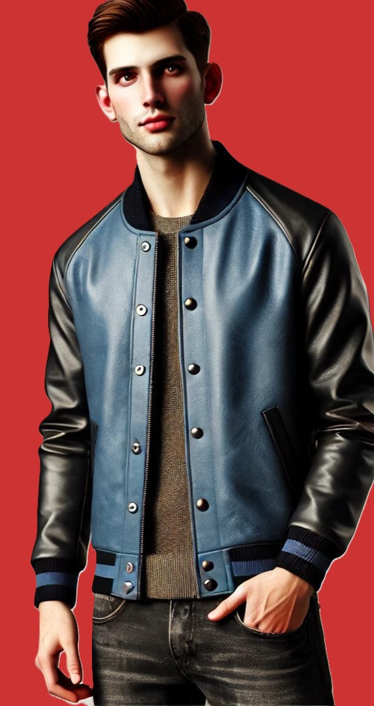 Blue and Black Varsity Leather Jacket-GLJK7